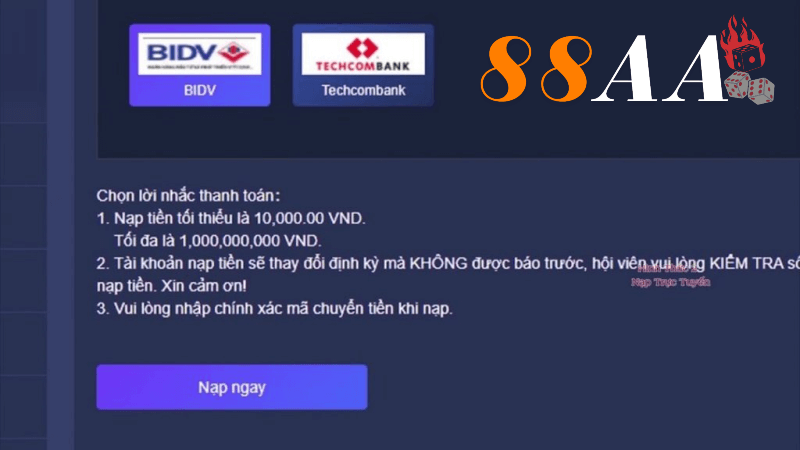 Phương thức nạp tiền qua chuyển khoản ngân hàng